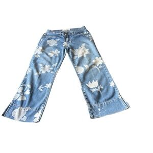 Moonblue Floral‎ Print Crop Wide Leg Jeans Cuffed Hem Denim Blue Size 8